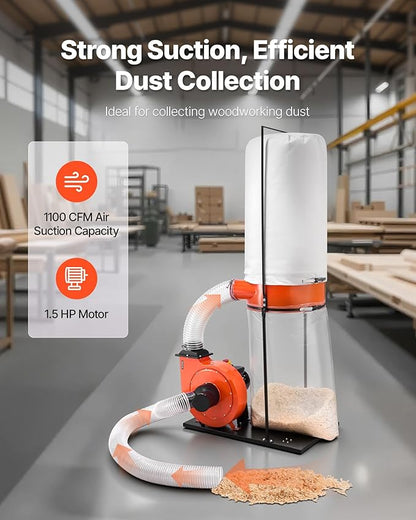 VEVOR Dust Collector, 1100 CFM 2.5 Micron Vortex Cone Dust Collectors, 1.5HP Sawdust Collection System with 35-Gallon Dusts Collector Bag & 42-Gallon Filter Bag, 3400 RPM High Speed, for Woodworking