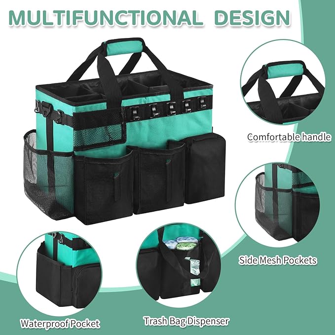 Boczif Cleaning Caddy Bag Wearable, Cleaning Caddy Supplies Organizer with Handle, Shoulder Straps & Detachable Divide, Cleaning Tool Organizers Tote Bag for Cleaners & Housekeepers (Green)