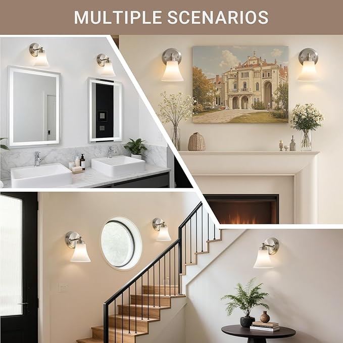 LOUSACE 2 Pack 1-Light Brushed Nickel Bathroom Lighting Fixtures Vintage Bathroom Vanity Lights with Opal White Glass, Set of 2 Single Vanity Wall Sconces for Side Mirror Cabinet Stairs Living Room
