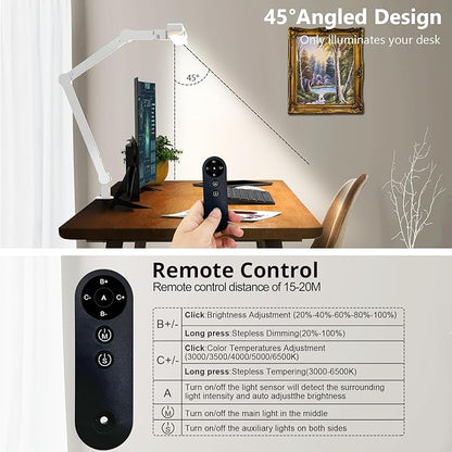 Micomlan Architect Desk Lamp with Clamp, Led Desk Lamp for Home Office with Remote Control, 24W Bright Dimmable Computer Light with Atmosphere Lighting Adjustable Table Light(Remote)