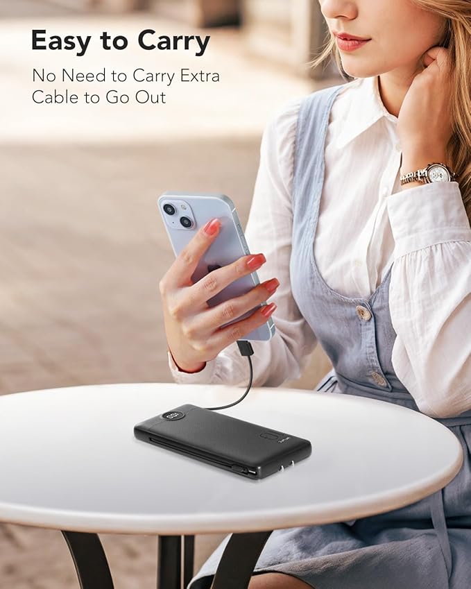 Portable Charger,Power Bank Built-in Cables and AC Wall Plug,VRURC USB C Portable Bank 10000mAh,Travel Essentials Phone Charger Compact Lightweight External Battery Pack for Smart Phones,Tablets-Black