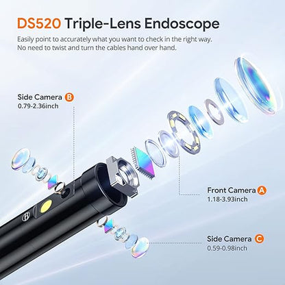 Triple Lens Borescope Tool, DEPSTECH 5" IPS Screen Endoscope Camera with Lights, 1080P Sewer Inspection Camera & Split Screen, 180° Rotation, IP67 Snake Cable, Gadget for Automotive Mechanical Repair