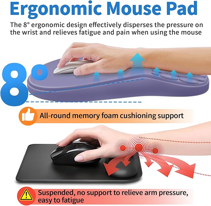 YIWEI Ergonomic Mouse Pad with Wrist Rest - Comfortable Office Mousepad with Memory Foam Wrist Support for Carpal Tunnel Relief, Mouse Pads with Non-Slip Base for Gaming and Home (Purple)