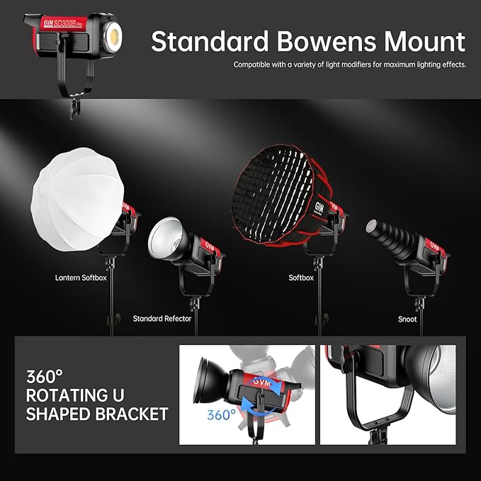 GVM Photography Lighting 300W Bi-Color Studio Lights with 45°Standard Reflector 65700Lux@1m CCT 2700~6800K 12Lighting Scenes App Control LED Video Light