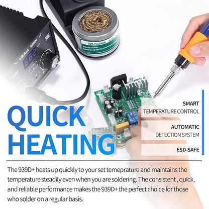 YIHUA 939D+ Digital Soldering Station, 75 Watt Equivalent with Temperature Control, °C/°F Display. ESD safe for Electronics. Aluminum Panel (Resists Burn). Solder Tips, Lead-free Solder & Extras
