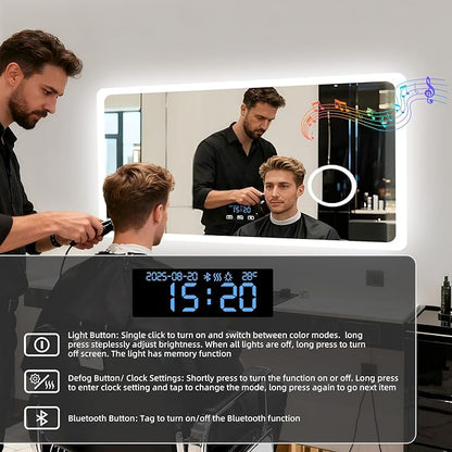 LUVODI Bathroom LED Wall Mirror: 48x24 inch Rectangle Makeup Vanity with Lights Bluetooth Speaker, Time Display, Magnifier, Anti-Fog, Memory Function, 3 Color Temperature