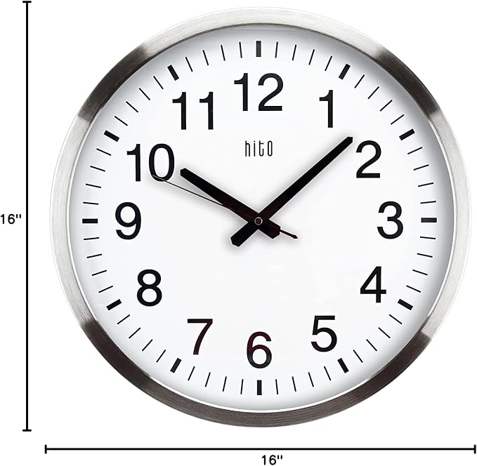 HITO 16" Silent Wall Clock Battery Operated Non Ticking Sweep Movement Glass Cover Silver Aluminum Frame, for Kitchen, Bedroom, Home Office, Living Room Decor