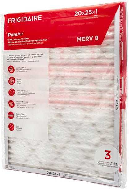 Frigidaire PureAir® 20x25x1 MERV 8 Allergen Electrostatic Pleated Air Conditioner HVAC AC Furnace Filters - 6 Pack (exact dimensions 19.81 X 24.81 X 0.81)