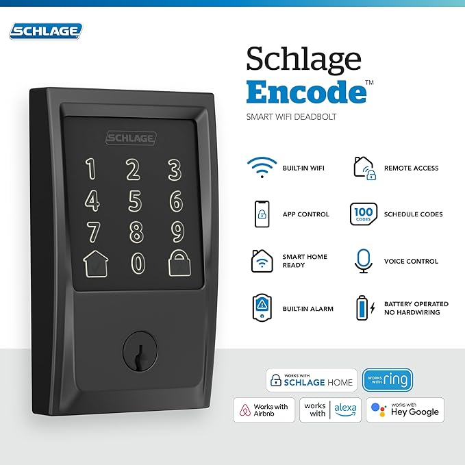 Schlage Encode Smart WiFi Deadbolt Lock for Front Door - Keyless Entry with App or Touchscreen - Works with Alexa, Hey Google, & Airbnb - Create Codes for Guests - Matte Black