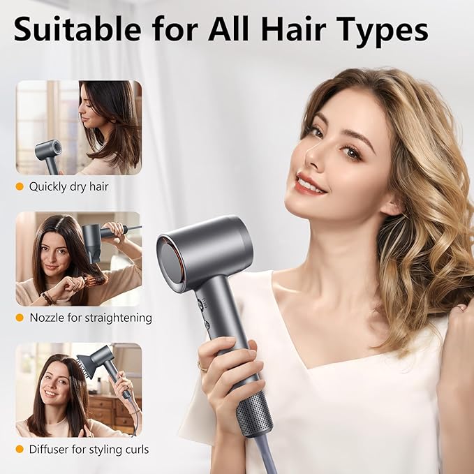 D YＳ０Ｎ Alternative Hair Dryer - 1 Min Fast Drying, High-Speed Blow Dryer with 500 Million Negative Ions, No Heat Damage, Low Noise, Professional Hairdryer with Magnetic Diffuser & Nozzle, Gunmetal
