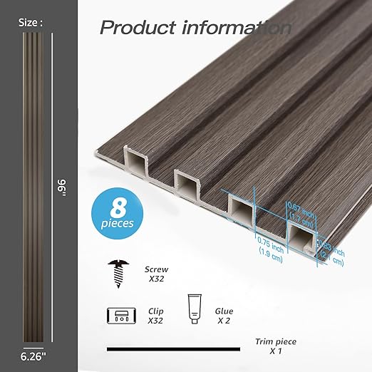 Art3d 8-Pack 96 x 6in. WPC Acoustic Slat Wall Panel for Modern Interior Decor, TV Background, Living Room, Grey Oak