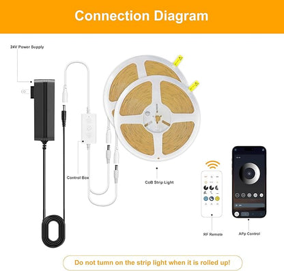 Pandery COB LED Strip Lights Natural White,24V Dimmable led Light Strip KIT with Remote and app Control,4000K 32.8FT/2 * 5m 8mm Wide Ra>90 Cuttable Flexible Strip Lights for Bedroom,Wardrobe,Cabinet