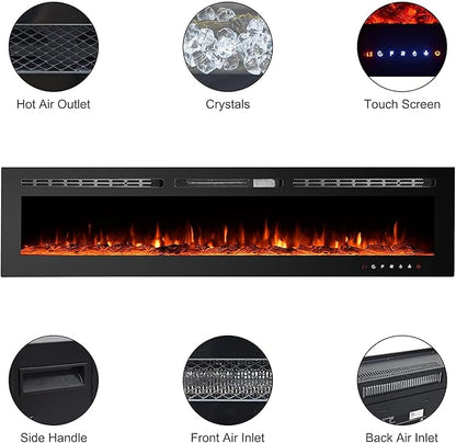 CharaVector 70 inch 750W/1500W Electric Fireplace Inserts with Remote Control in Wall Mounted, Energy Saving LED Insert Fireplace Heater Indoor Glass View with Remote Control & Touch Screen, Black