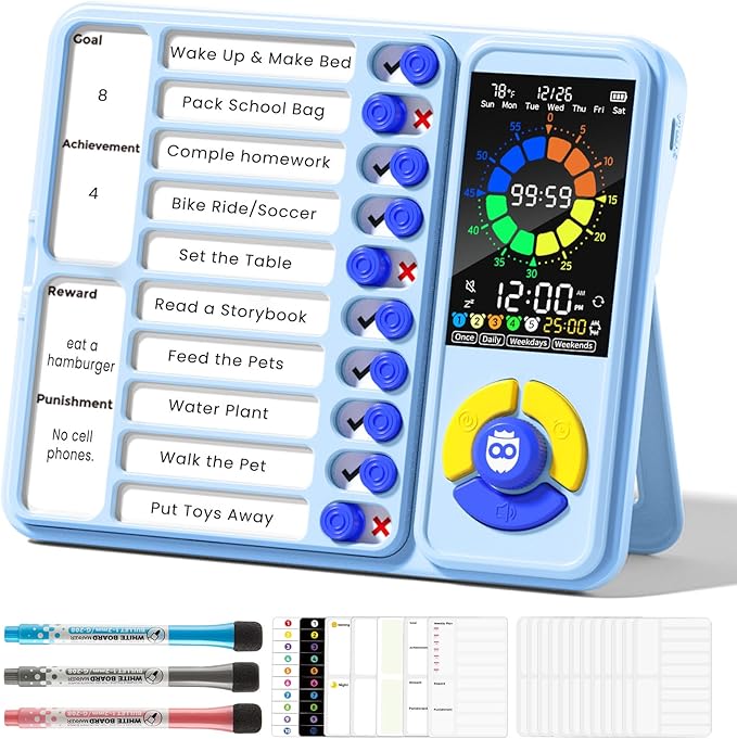 Mooking 5-in-1 Visual Timer, ADHD Tool for Kids|Adults, Visual Schedule for Kids with Autism, 12/24 Task Timer & Chore Chart Board, ADHD Tools with Daily Checklist for Home, School, Classroom - Blue