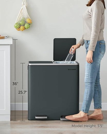 SONGMICS Trash Can, 2 x 8 Gallon (2 x 30 L) Garbage Can for Kitchen, with 15 Trash Bags, 2 Compartments, Plastic Inner Buckets and Hinged Lids, Airtight, Greenish-Gray ULTB60GS02
