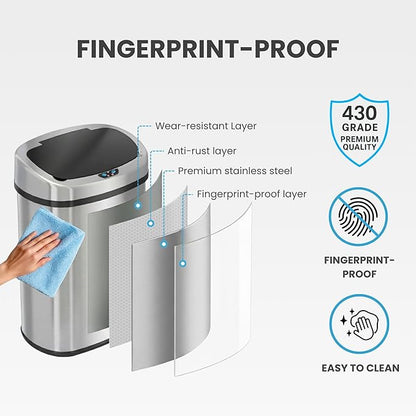 iTouchless 13 Gallon Sensor Kitchen Trash Can with Lid and Odor Filter, Stainless Steel Oval Automatic Trashcan for Home Office Bedroom Living Room Garage Large Capacity Slim Space-Saving Trash Bin
