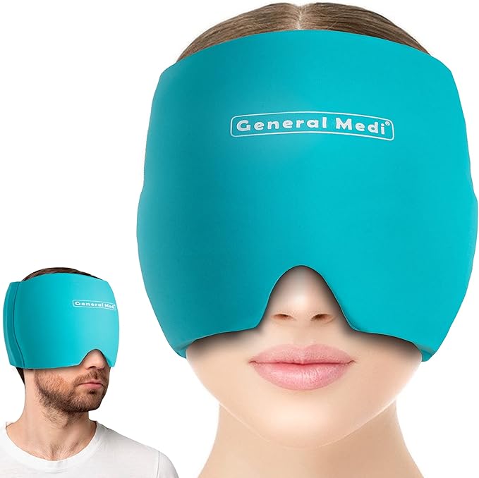 General Medi Headache & Migraine Ice Wrap Cap, Cold Therapy Migraine Relief Hat, Headache Ice Hat Cold Compress, Great for Puffy Eyes, Tension, Sinus & Stress Relief (Blue)