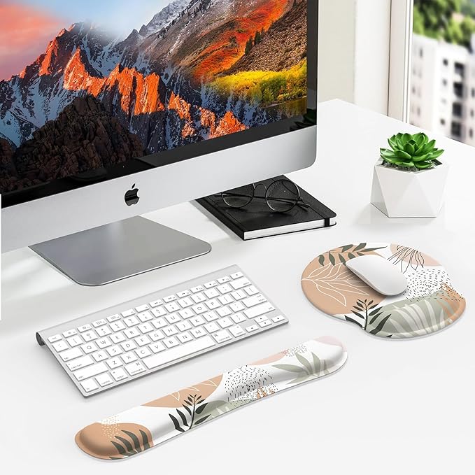 iLeadon Mouse Pad with Wrist Rest Set, Keyboard Wrist Rest + Ergonomic Mouse Pad + Coasters, Easy Typing & Pain Relief Mousepad, Mouse Pad Wrist Support for Computer Home Office, Tropical Leaves