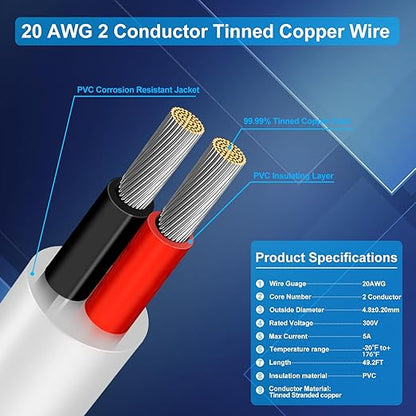 20 Gauge 2 Conductor Electrical Wire, 49.2FT Low Voltage 20/2 Tinned Copper Stranded 2 Wire Cable, 20 AWG White Flexible Extension Power Cord for Automotive, LED Lamp, Outdoor Landscape Lighting Etc