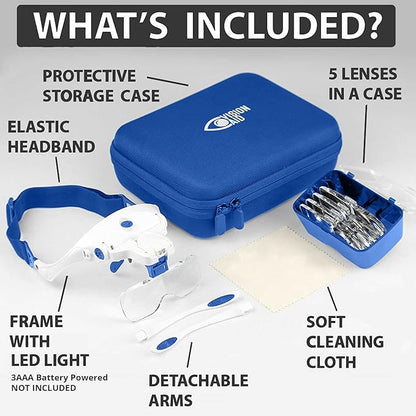 Vision Aid Magnifying Glasses with LED Light 5 Lenses Headband Case Hands Free Illuminated Optivisor Head Magnifier for Hobby Painting Close Work Jewelry Watch Repair