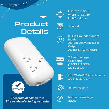 Ceptics 300W Travel Voltage Converter, 220V to 110V 50Hz to 60Hz Step Down for Curling Iron, Straightener, 1 USB, 1-USB-C 18W, SWadApt A B C E/F G I