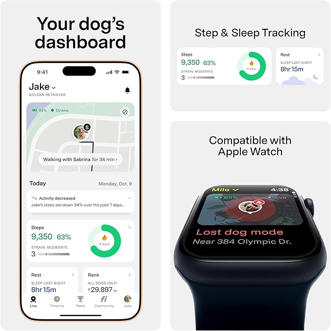 New Fi Series 3+ Smart Dog Tracker Collar [12 Month Membership Included] GPS Tracker for Dogs with Health & Behavior Monitoring, Escape Alerts, Waterproof, LED, Apple Watch Compatible (Pink, Large)
