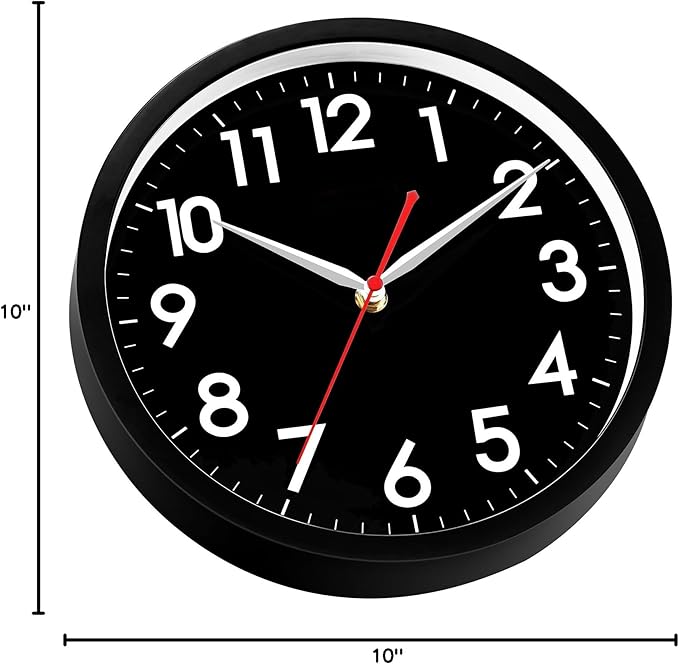 AKCISOT Wall ClockModern Black Silent Non Ticking Wall Clocks Battery Operated 10 Inch,Small Analog Classic Clock Decorative for Bedroom, Kitchen, Home Office, Bathroom, School, Living Room