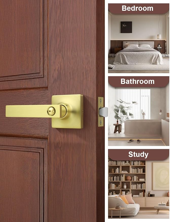 Mengico 5 Pack Gold Privacy Lever Door Handle Interior with Lock, Heavy Duty Square Door Lock for Bed/Bath, Keyless Door Locksets, Reversible for Left Right Handed Doors