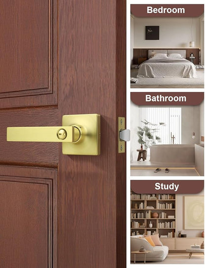 Mengico 5 Pack Gold Privacy Lever Door Handle Interior with Lock, Heavy Duty Square Door Lock for Bed/Bath, Keyless Door Locksets, Reversible for Left Right Handed Doors