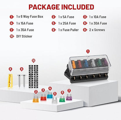 RED WOLF 6 Way Fuse Block Blade Fuse Box with Standard Circuit Fuses for Boat Marine Vehicle Auto RV Car Trailer Truck SUV Power Distribution Panel Waterproof Cover DC 10-32V