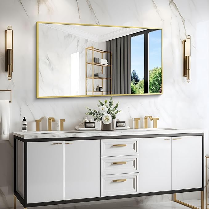Gold Bathroom Mirror for Wall, 30x48 Inch Rectangle Mirrors with Metal Frame, Modern Vanity Wall Mirror Decor for Bathroom Living Room, Entryway Hangs Horizontal or Vertical