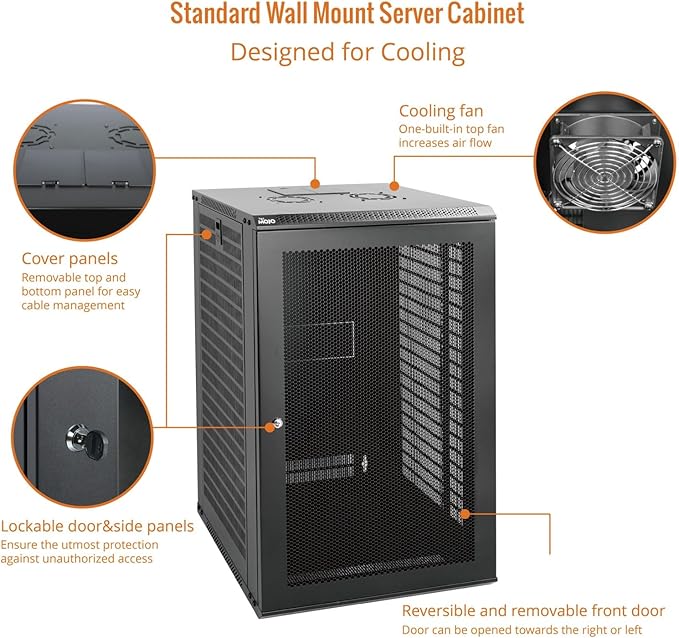 Tecmojo 18U Wall Mount Rack Network Cabinet for 19" IT Equipment,with Lockable Mesh Door and Side Panels,Cooling Fan,Black,17.7inch Depth for AV/Computer/Electronics Equipment Data Rack