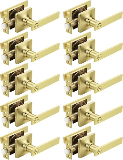 Mengico 10 Pack Gold Privacy Lever Door Handle Interior with Lock, Heavy Duty Square Door Lock for Bed/Bath, Keyless Door Locksets, Reversible for Left Right Handed Doors