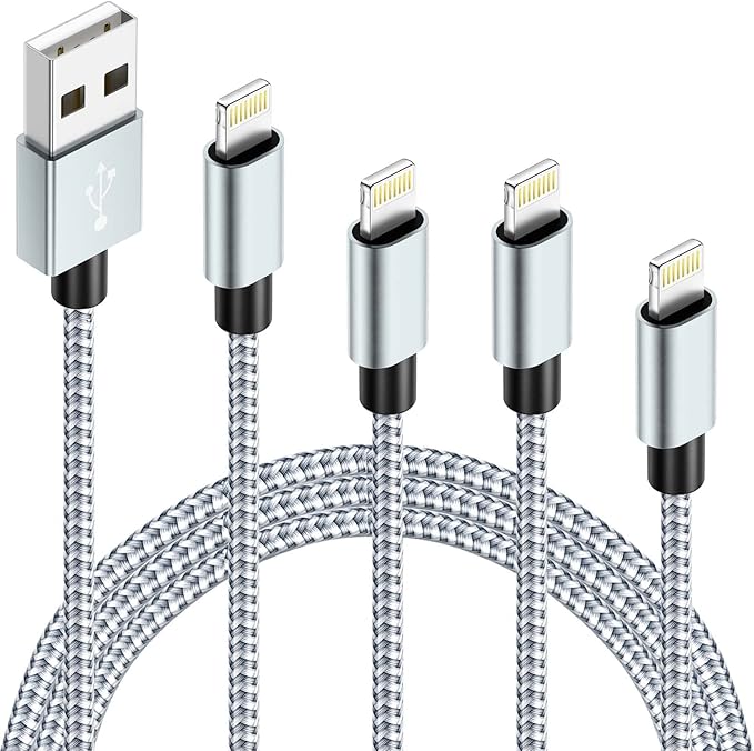 MFi Certified iPhone Charger, 4Packs(3/6/6/10FT) USB iPhone Charging Cable Nylon Braided Fast Charging Cord Compatible for iPhones/Pad(Gray +White)