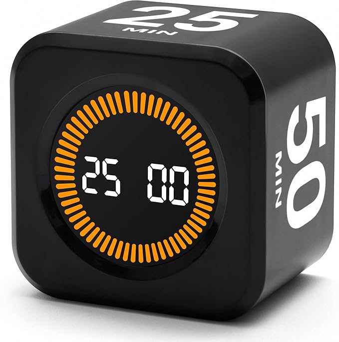 Rotating Productivity Timer 5, 25, 10, 50 Minutes Preset, Desk Cube w/Gravity Sensor for ADHD, Mute Functions, Ideal for Work, Study, Kitchen, Back to School (1, Black)