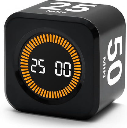 Rotating Productivity Timer 5, 25, 10, 50 Minutes Preset, Desk Cube w/Gravity Sensor for ADHD, Mute Functions, Ideal for Work, Study, Kitchen, Back to School (1, Black)