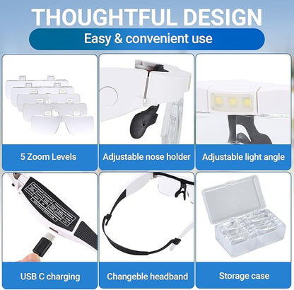 YOCTOSUN Headband Magnifier with 3 LED Lights, Storage Case, Head Strap and 5 Detachable Lenses 0.75X,1.25X,2.0X,3.0X 4.0X, Magnifying Headset for Close Work, Hobby & Crafts