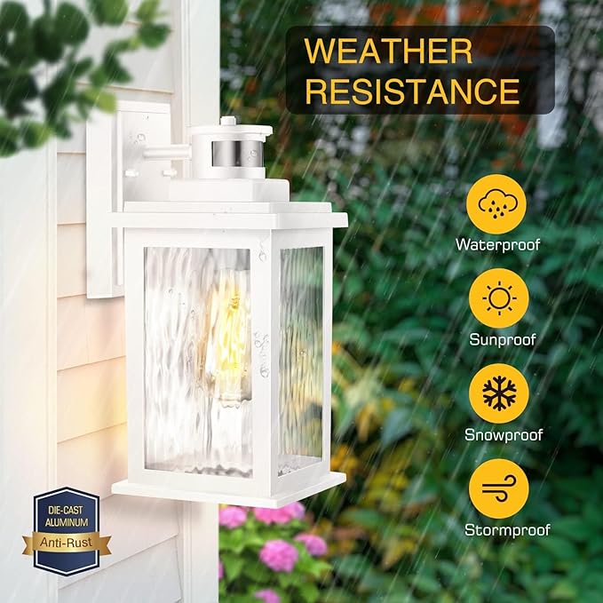 VIANIS 2 Pack Motion Sensor Outdoor Wall Lantern, White Dusk to Dawn Outdoor Lighting Wall Mount, Anti-Rust Waterproof Exterior Light Fixture with Tempered Glass for House Front Porch Garage Entryway