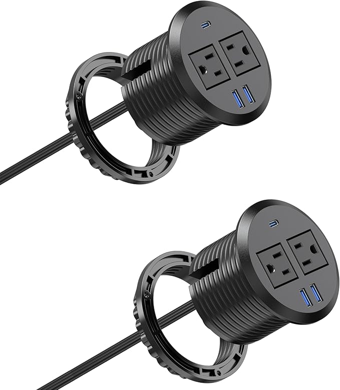3 inch Desktop Power Grommet USB C,20W Fast Charging Station,Furniture Recessed Power Strip,2 Outlets,3 USB Ports,Flush-Mount for Desktop, Workspace Essential Desk Outlet,2 Pack (Black)