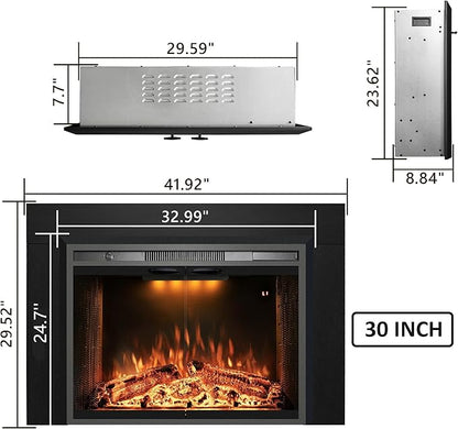 Velaychimny 42" Electric Fireplace Insert with Metal Trim Kit, Adjustable Flame, Fire Crackling Sound, Top Light Colors, Timer, Glass Door & Mesh Screen, Black