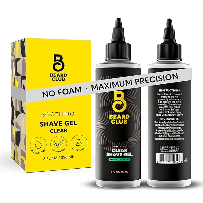 Beard Club Premium Shaving Gel for Men – Hydrating Mens Shave Cream for Sensitive Skin – Cedar Scent Precise Line Ups & Smooth Shaving – Clear Shave Gel for Men – Cooling Sensation – Sativa Seed 8oz