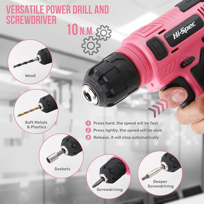 Hi-Spec 110pc Pink 8V USB Electric Power Cordless Womens Drill Driver Set. Drill Bits, Sockets and Screwdriver Bit Set Accessories In a Portable Toolbox Case for Ladies