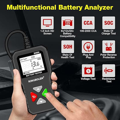 KINGBOLEN BM550 6V 12V 24V Car Battery Tester, 100-2000 CCA Voltage Tester 2Ah-220Ah Internal Resistance Tester Accurate Digital Auto Battery Analyzer for Cars Trucks SUV ATV Boats Motorcycles Vehicle