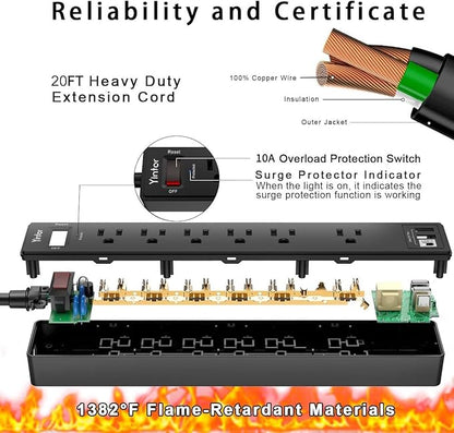 20Ft Power Strip Surge Protector - Yintar Extension Cord with 6 AC Outlets and 3 USB Ports for Home, Office, Dorm Essentials, 1680 Joules, ETL Listed, Black