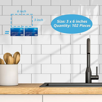 Art3d 102-Piece Peel and Stick Wall Tile for Kitchen Backsplash, Bathroom, Fireplace, 3in. × 6in. Stick on Subway Tile, Glossy White