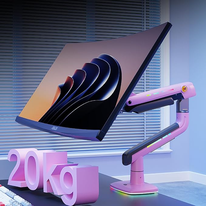 NB Gaming Monitor Arm or for 32 to 60 Inches Screen, Load up to 20 kg, VESA 75/100, RGB-Light, Heavy Duty, Multi Angle Adjustable, Premium Aluminum, Pink