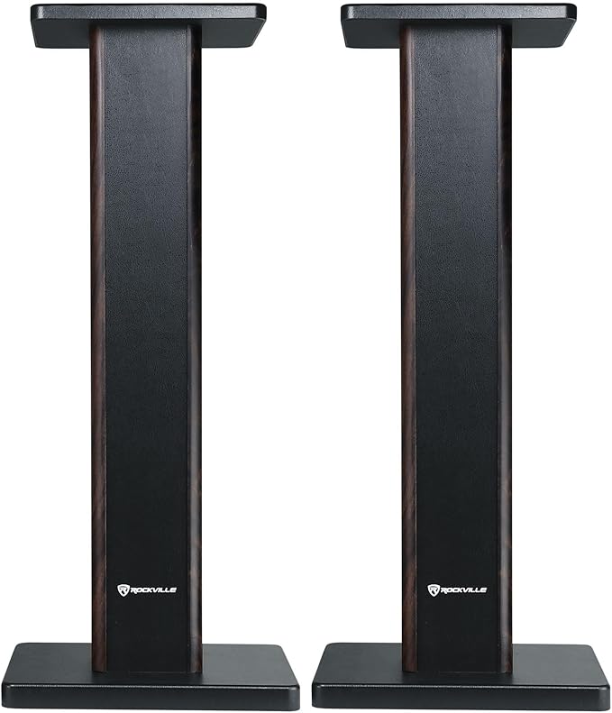 Rockville Pair RHT28D 28" Bookshelf Speaker Stands, Dark Wood Grain, 60 lbs Capacity, Sand-Fillable Design, Dual Platform Sizes, Anti-Slip Pads, for Home Theater and Studio Monitors