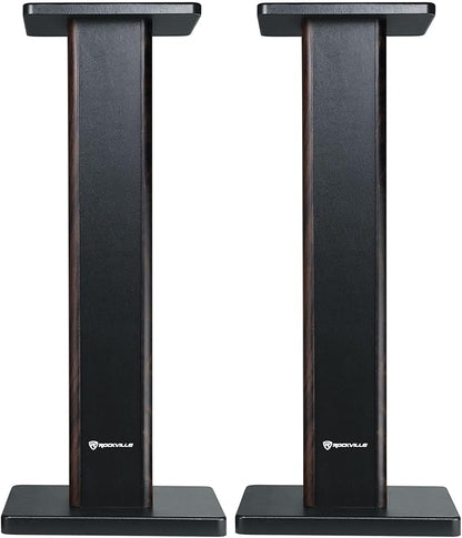 Rockville Pair RHT28D 28" Bookshelf Speaker Stands, Dark Wood Grain, 60 lbs Capacity, Sand-Fillable Design, Dual Platform Sizes, Anti-Slip Pads, for Home Theater and Studio Monitors