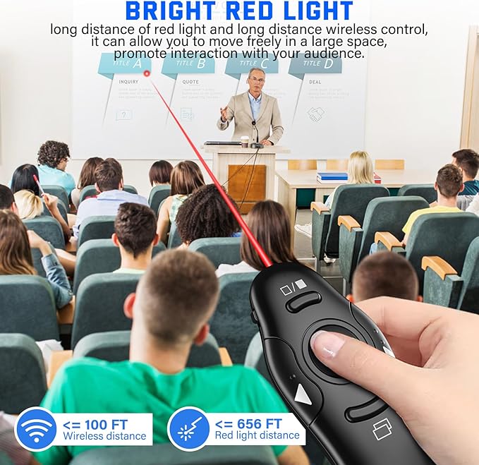 Presentation Clicker, Rechargeable Pointer, 2-in-1 USB Type C Powerpoint Clicker, Clicker for Powerpoint Presentations Slide Advancer, Presentation Clicker Wireless Presenter Remote Clicker
