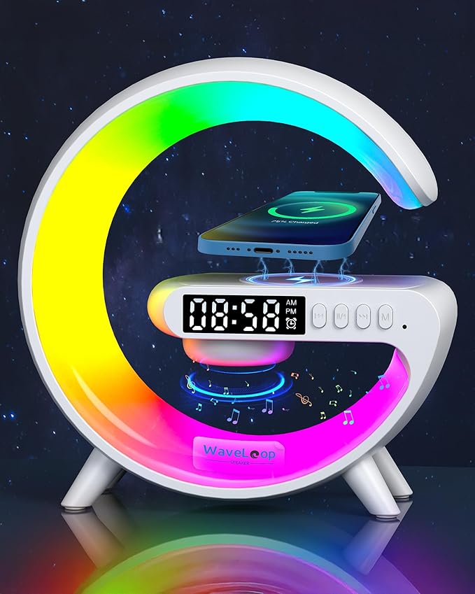 Waveloop Speaker Alarm Clocks for Bedrooms with Wireless Charging and G Bluetooth Speaker, Sunrise Wake Up Light RGB Night Lamp, 4-Button Bedside Alarm Clock for Bedroom Time Display, USB-C